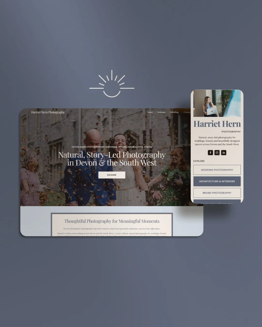 A website screenshot for Harriet Hern Photography, featuring a main page with a header that says 'Natural, Story-Led Photography in Devon & the South West,' and a side menu with contact information, social media icons, and options for wedding, architecture, and brand photography. The background has a greyish-blue color with a white smiley face logo above the website.