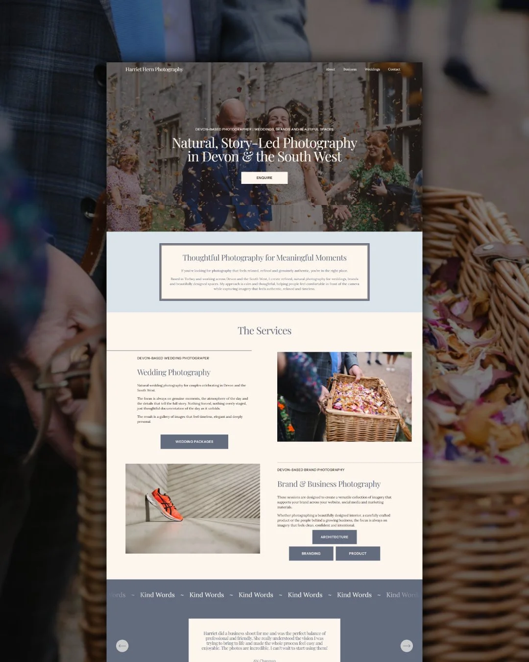 A photography website homepage featuring images of people celebrating outdoors, with sections for services including wedding and brand photography, and a contact button.