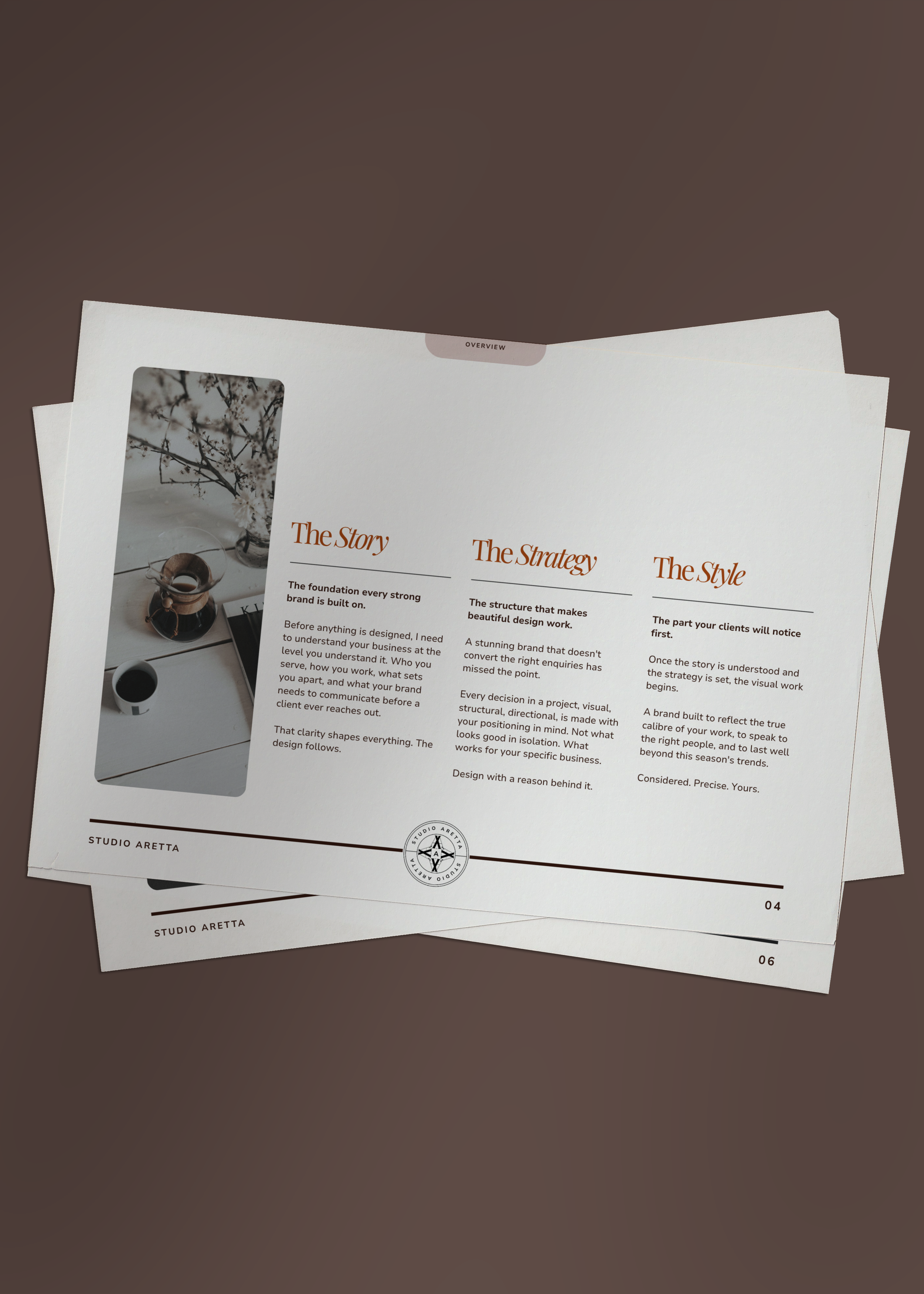 Brochure with headings 'The Story,' 'The Strategy,' and 'The Style,' featuring a photograph of flowers, coffee cups, and a magazine, with the logo 'Studio Aretta' at the bottom.