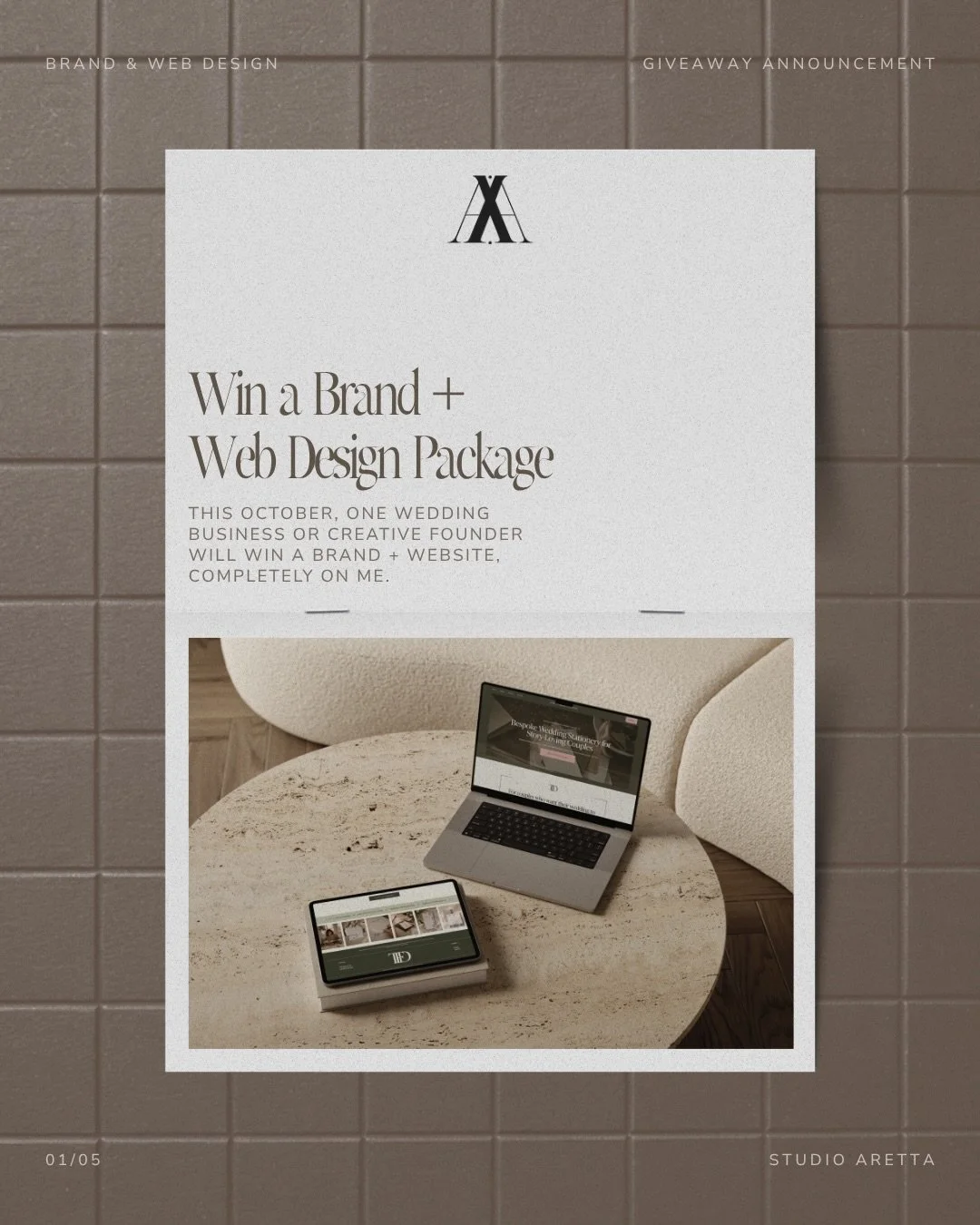 THE STUDIO ARETTA BRAND + WEBSITE GIVEAWAY

Your business has skyrocketed, but your branding and website are still in beginner mode ~ I&rsquo;d love to fix that for you.

This October, I&rsquo;m giving one wedding business or creative founder the cha