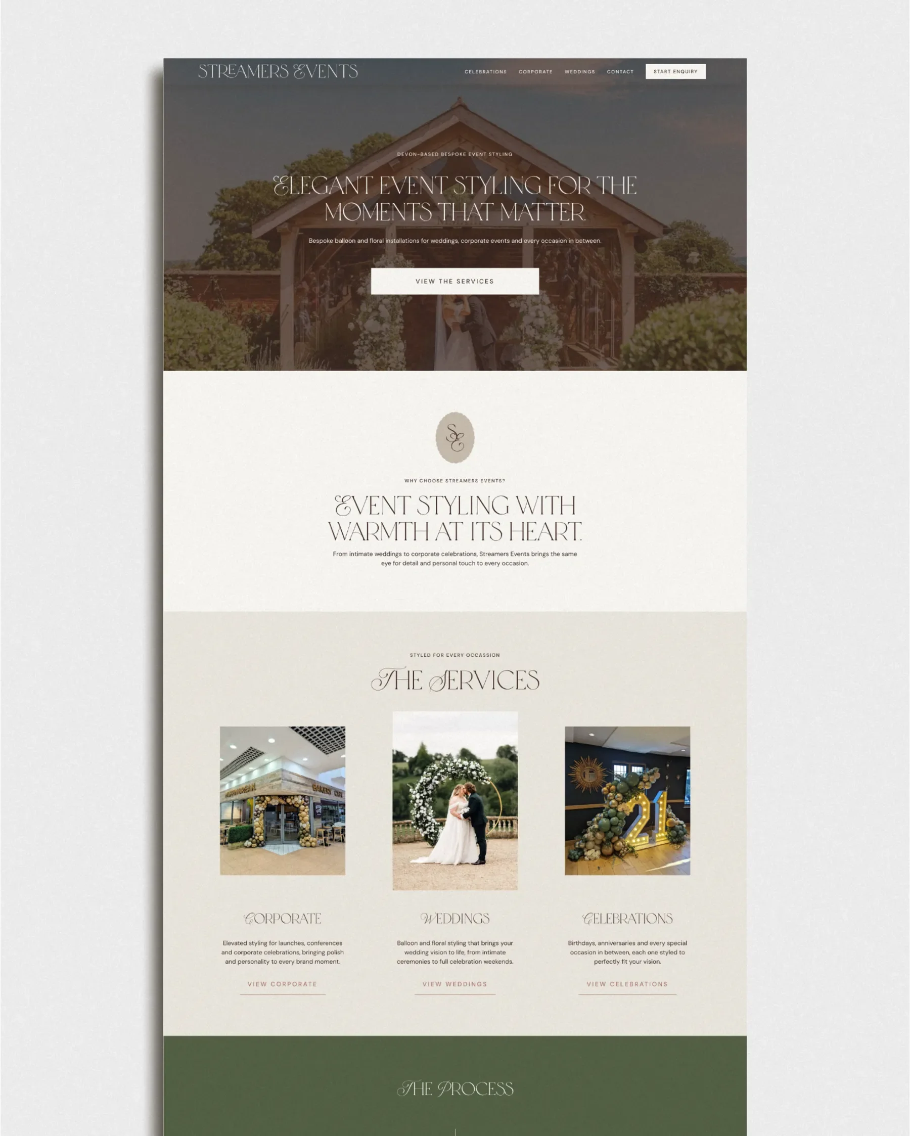 Website for Streamers Events, an event stylist brand showcasing corporate, wedding, and celebration styling services.