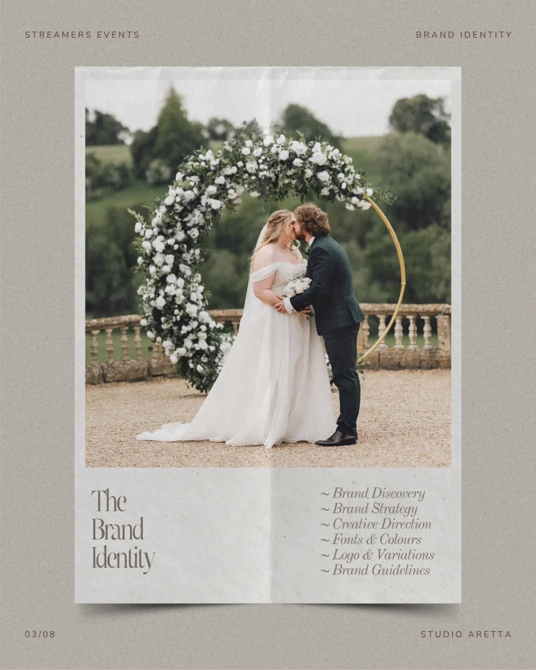 A bride and groom kiss before a circular floral arch in this event stylist brand service slide.