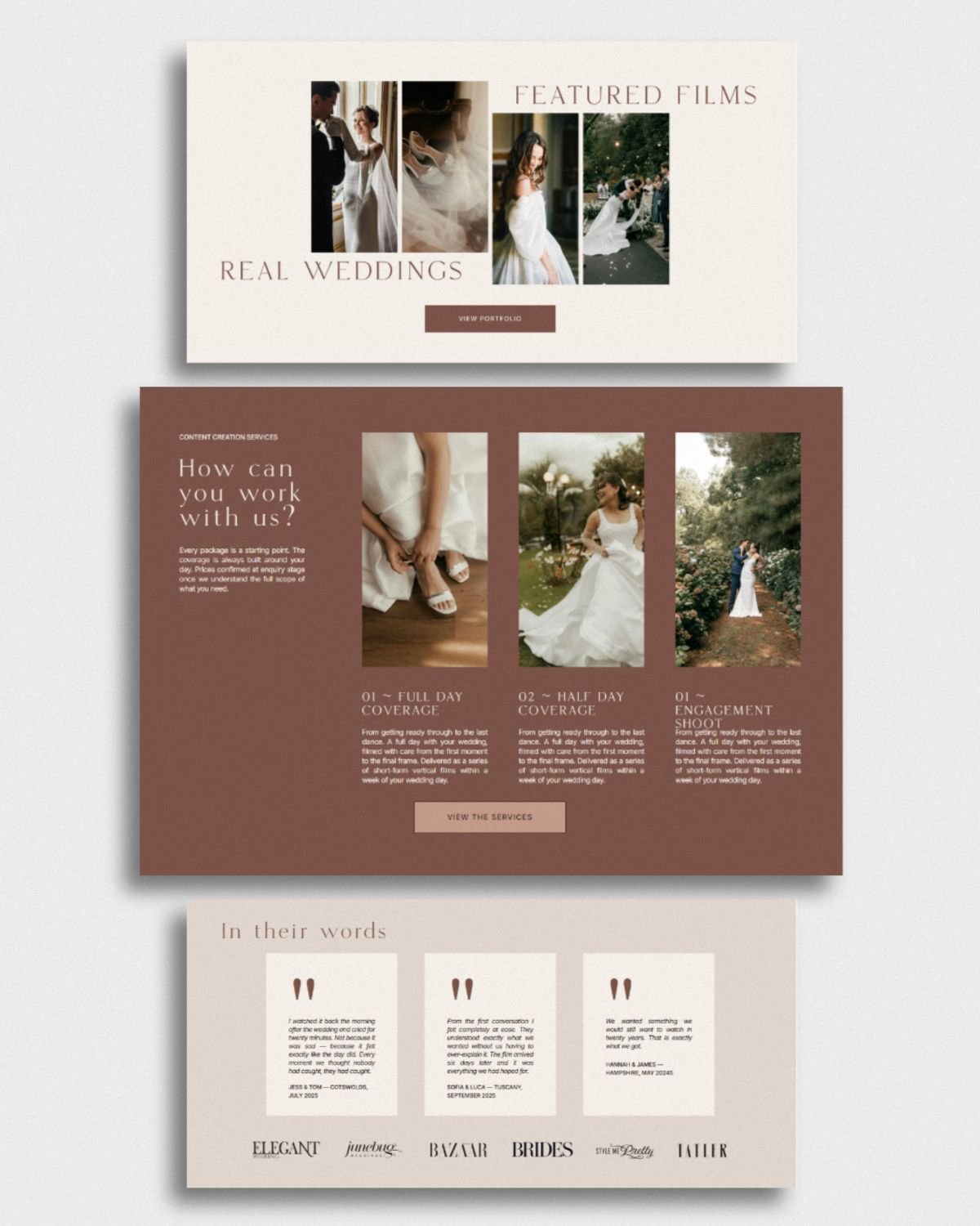 Heartfelt Content wedding business website homepage sections, featuring a services overview, real weddings gallery, testimonials, and press logos including Brides and Harper's Bazaar