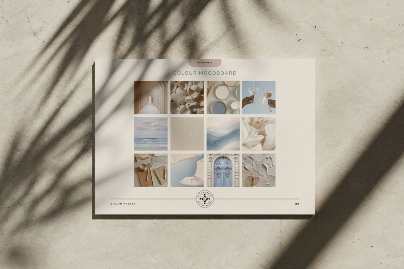 A color moodboard featuring various images of neutral-toned decor, landscape, and textures, titled 'Colour Moodboard' with a logo at the bottom.