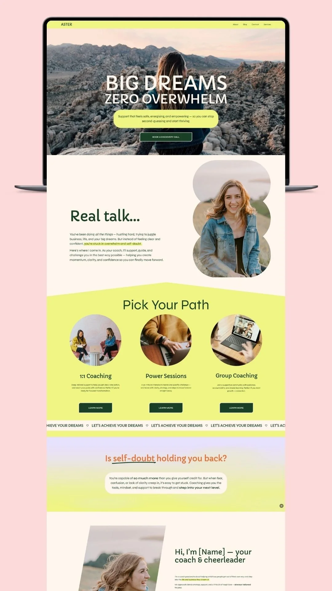 A website on a laptop screen promoting personal coaching services. The homepage features a mountain landscape at sunset, a smiling woman, and sections about coaching options and self-doubt