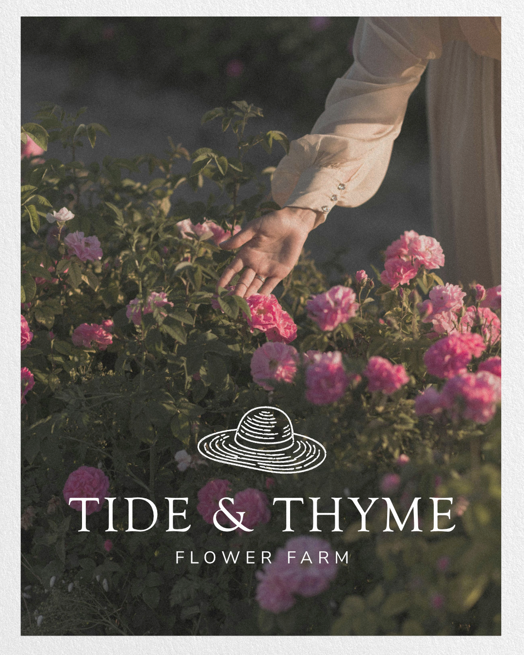 Tide and Thyme brand identity created by Studio Aretta for wedding pros: straw hat mark and serif wordmark on coastal floral photography