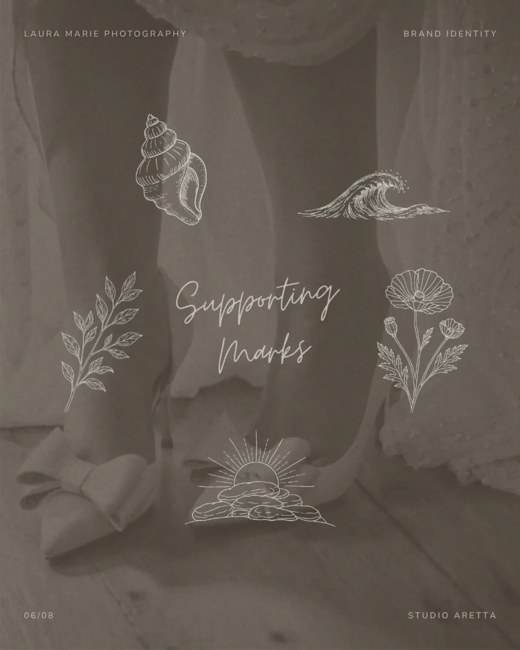 A woman in a dress and bow shoes stands on wood floor; wedding photographer branding shines through floral, shell, and sun art.