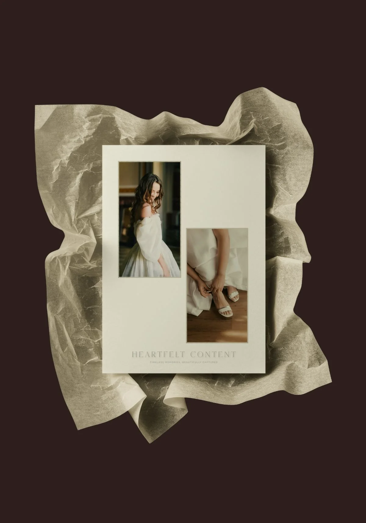 The Heartfelt Content brand identity displayed on a crinkled cream paper texture against a deep mocha background, showing the wordmark alongside two wedding photographs