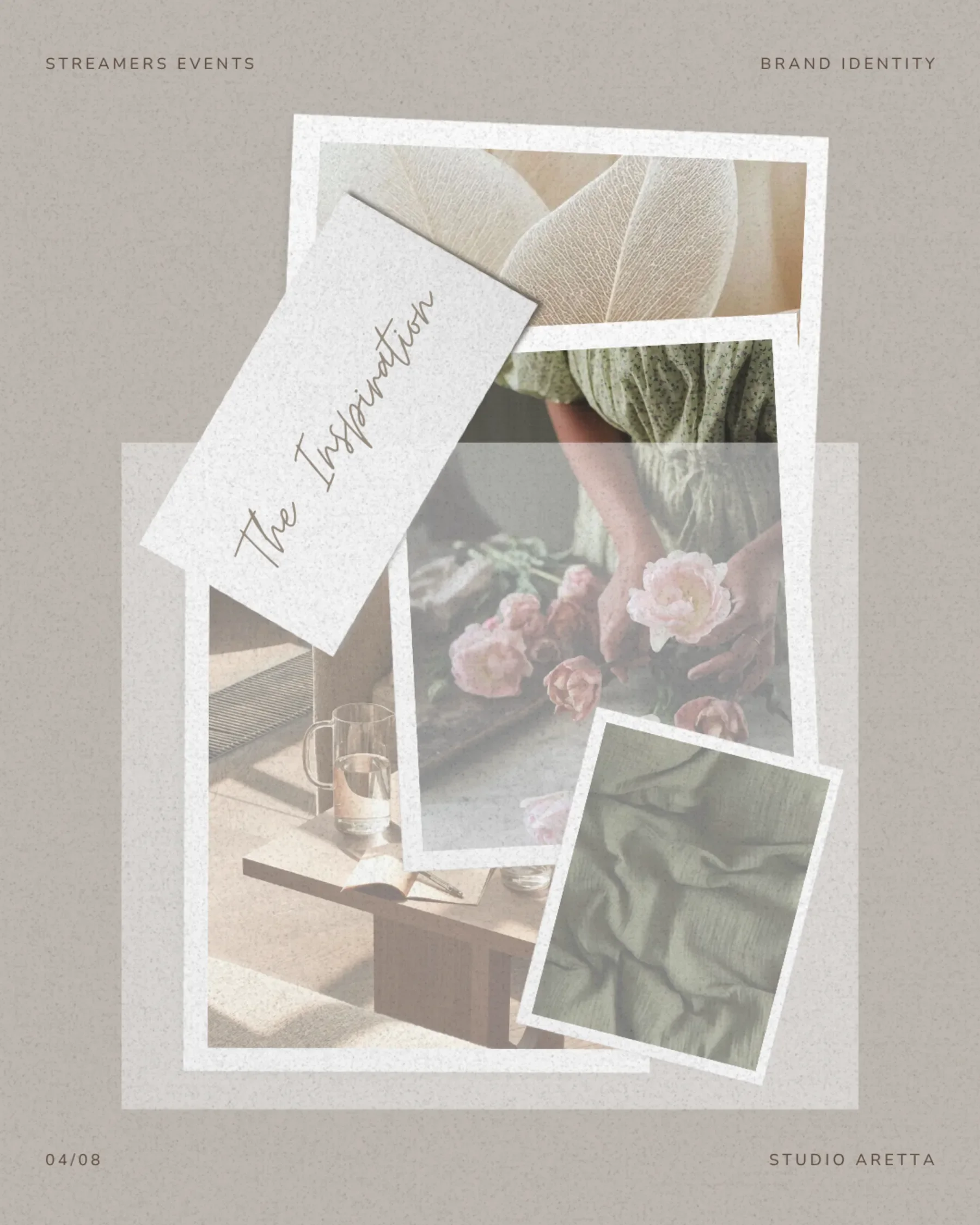 The Inspiration collage featuring flowers, an event stylist arranging peonies, a glass of water, and green fabric.
