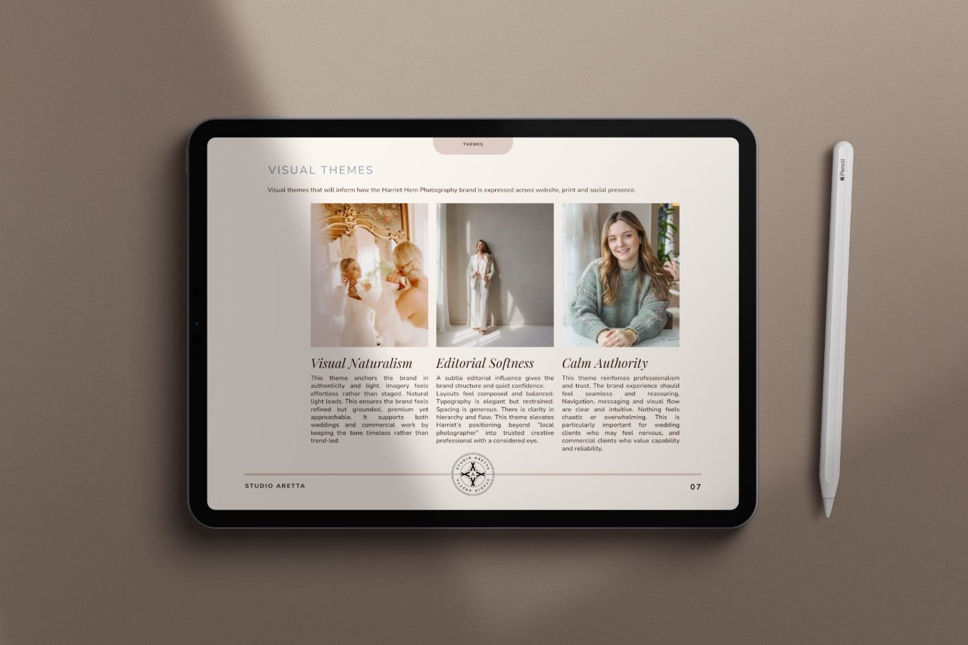 iPad displaying a photography branding presentation with sections on visual themes, including images of people, and decorative text.