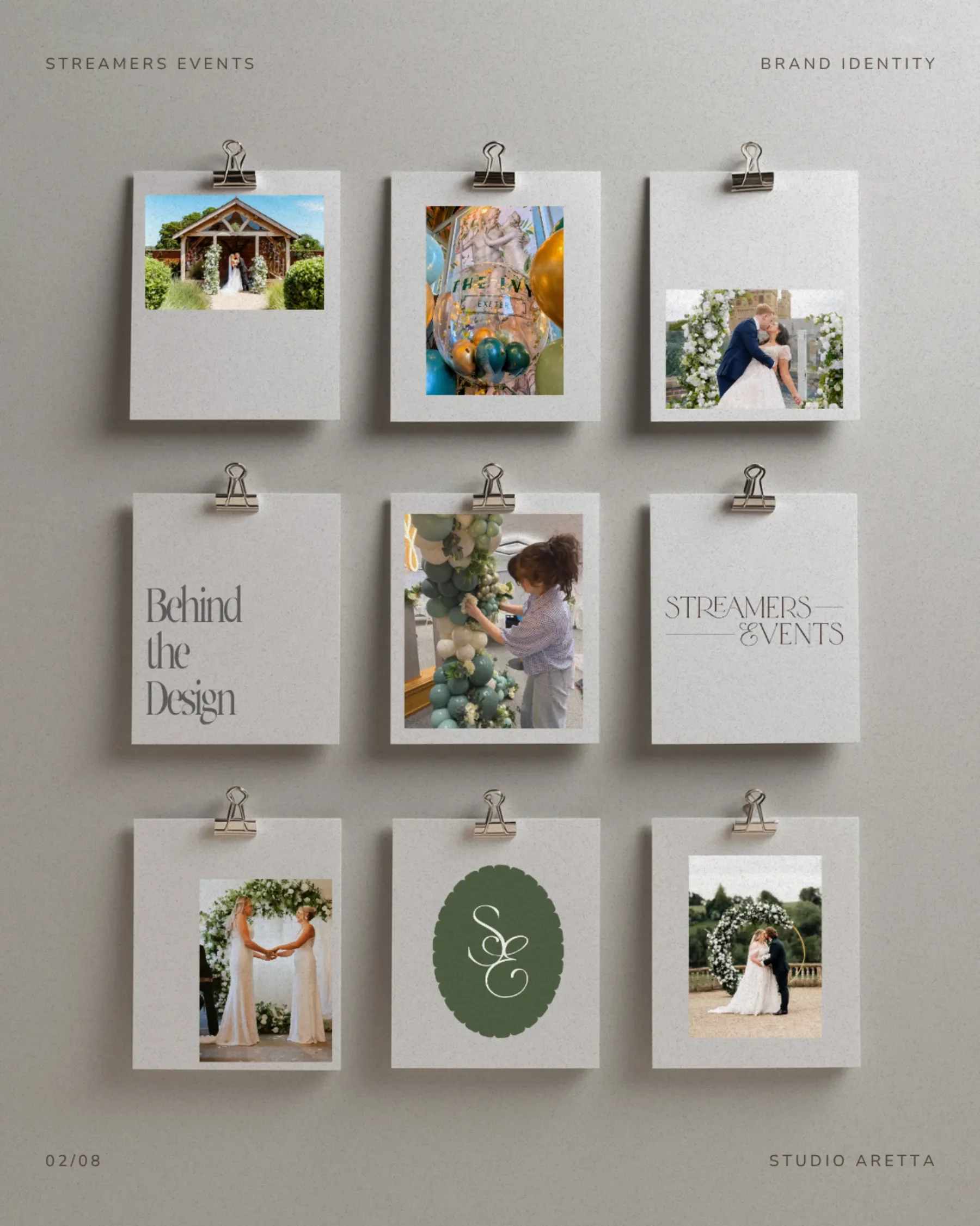 A grid of nine event stylist brand cards featuring event photos, a logo, and text titled Behind the Design for Streamers Events.