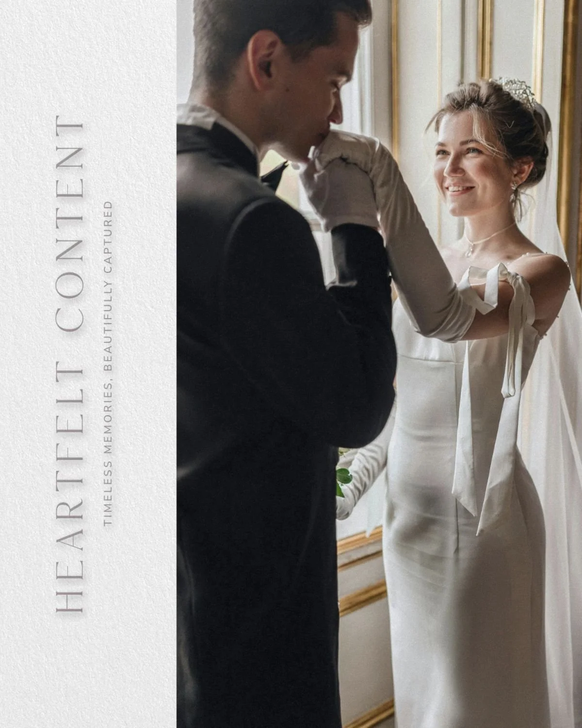 A vertical brand poster for Heartfelt Content showing the wordmark and tagline Timeless Memories Beautifully Captured alongside a black and white photograph of a couple at a wedding ceremony