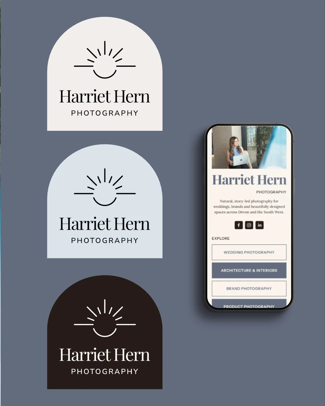 Harriet Hern Photography brand identity suite showing logo variations and mobile website mockup designed by Studio Aretta