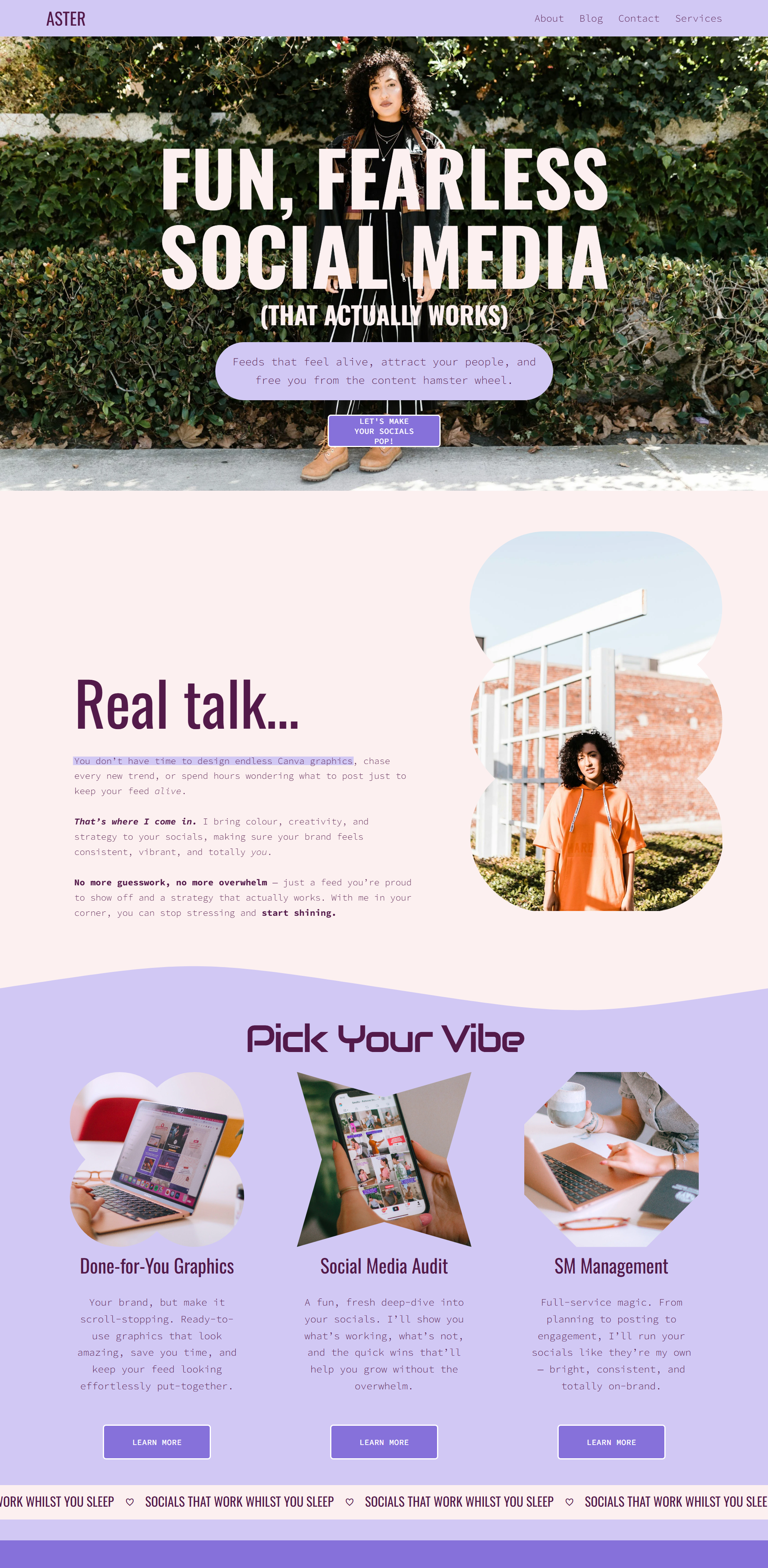 A woman standing outdoors in front of green foliage with purple and white website graphics overlaying the image, promoting social media services and strategies.