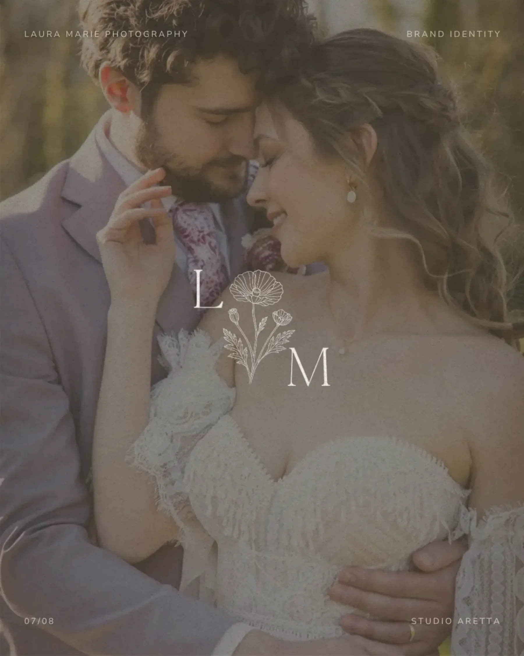 A couple in wedding attire embrace outdoors, with L M and a floral design overlayed—perfect for wedding photographer branding.