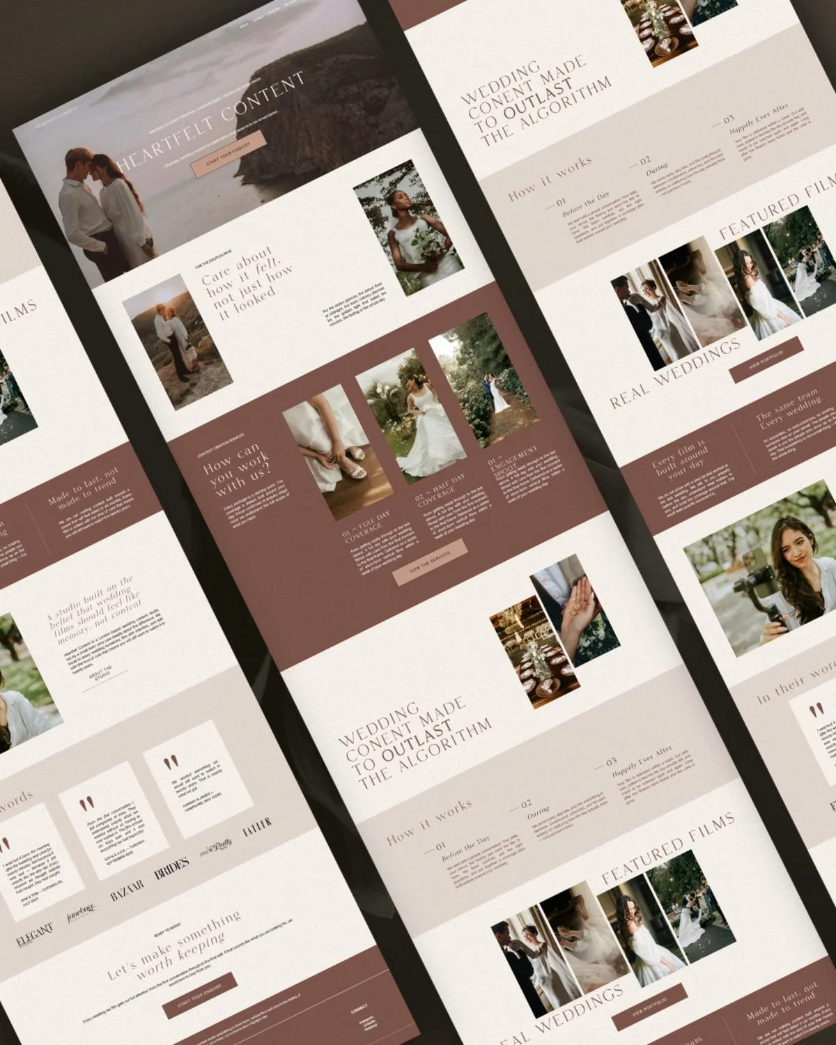 Heartfelt Content website design displayed across multiple screens, showing a full-page layout with wedding videography branding