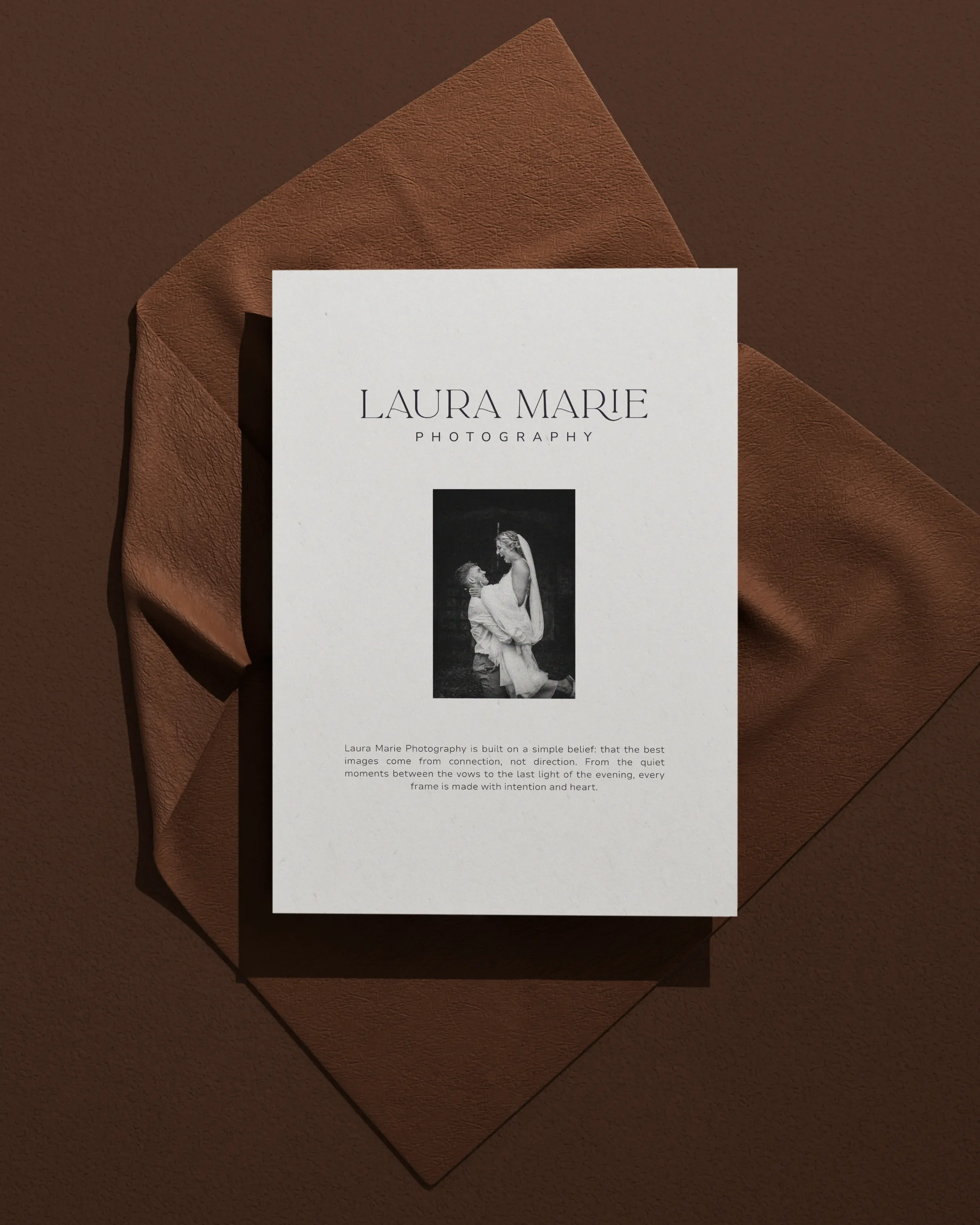 Photography flyer on a brown background, perfect for wedding photographer branding, featuring a black and white photo of a woman and child.