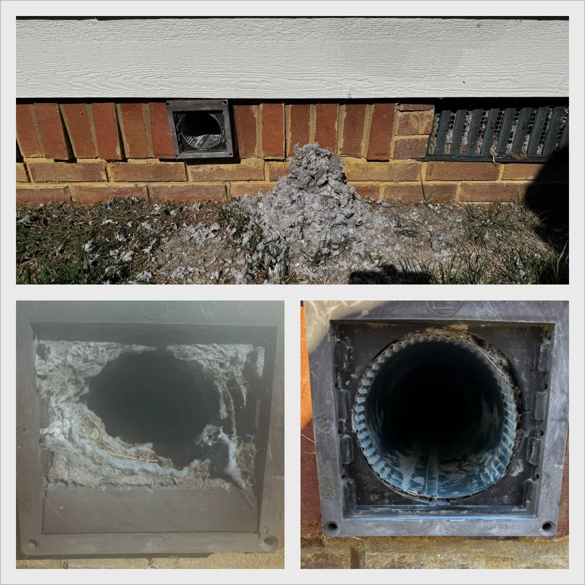 Damaged exterior dryer vent with lint blockage at a Chattanooga home, showing broken vent cover and clogged duct before professional dryer vent cleaning.