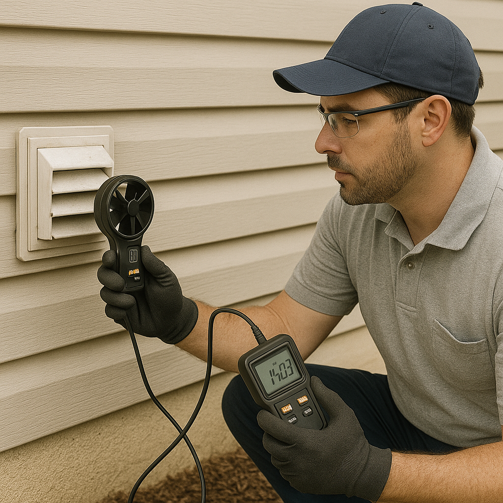 Dryer vent technician performing a professional outdoor dryer vent inspection at a home in Chattanooga, Tennessee.