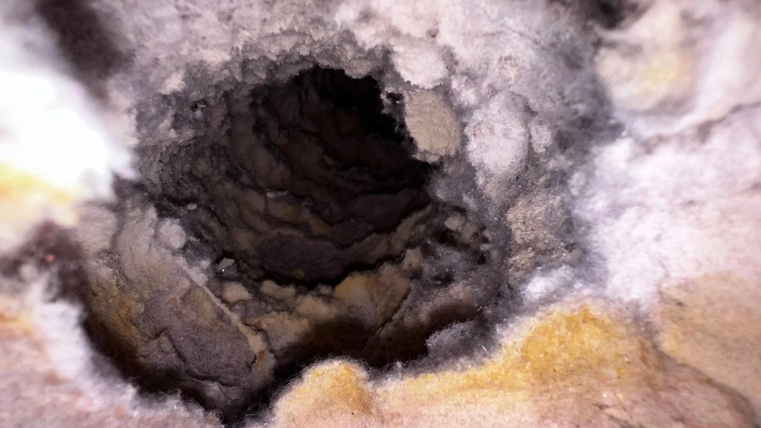 Close-up image of a severely clogged dryer vent during inspection, showing heavy lint buildup and fire risk in a Chattanooga, TN home.
