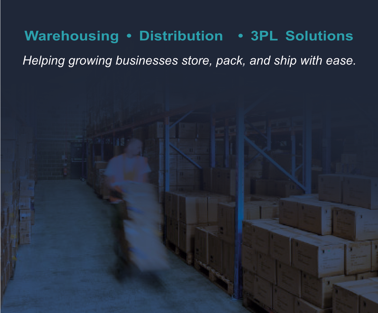 Warehouse with shelves of boxes, worker moving a box, text promoting warehousing, distribution, and 3PL solutions.