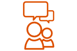 Icon of a person speaking or presenting in front of an audience, with a speech bubble or sign above.