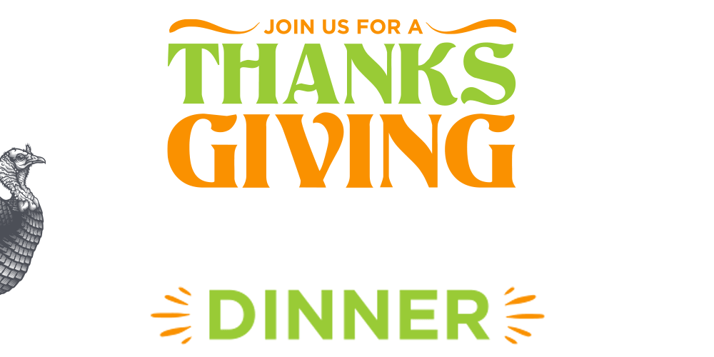 Text reading "Join us for a Thanksgiving dinner" with decorative elements and a partial illustration of a turkey on the left.