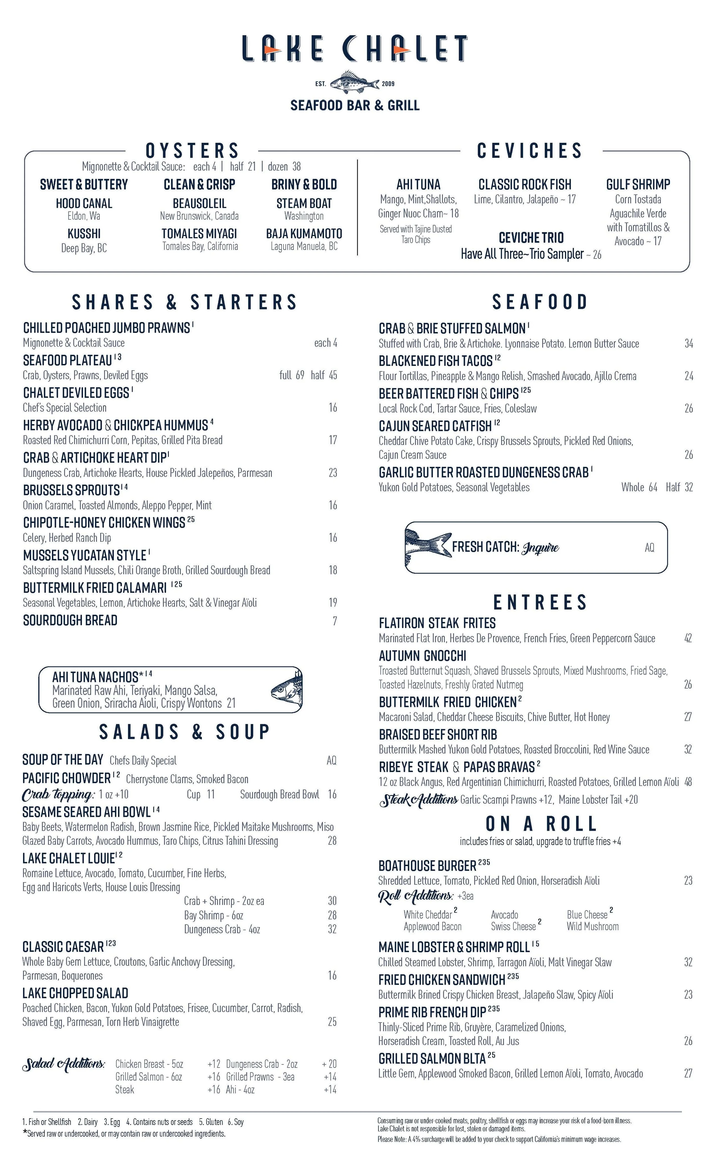 Menu from Lake Chalet Seafood Bar & Grill featuring seafood, starters, salads, soups, and entrees, including oysters, ceviches, shrimp, fish tacos, crab, steak, and chicken dishes.