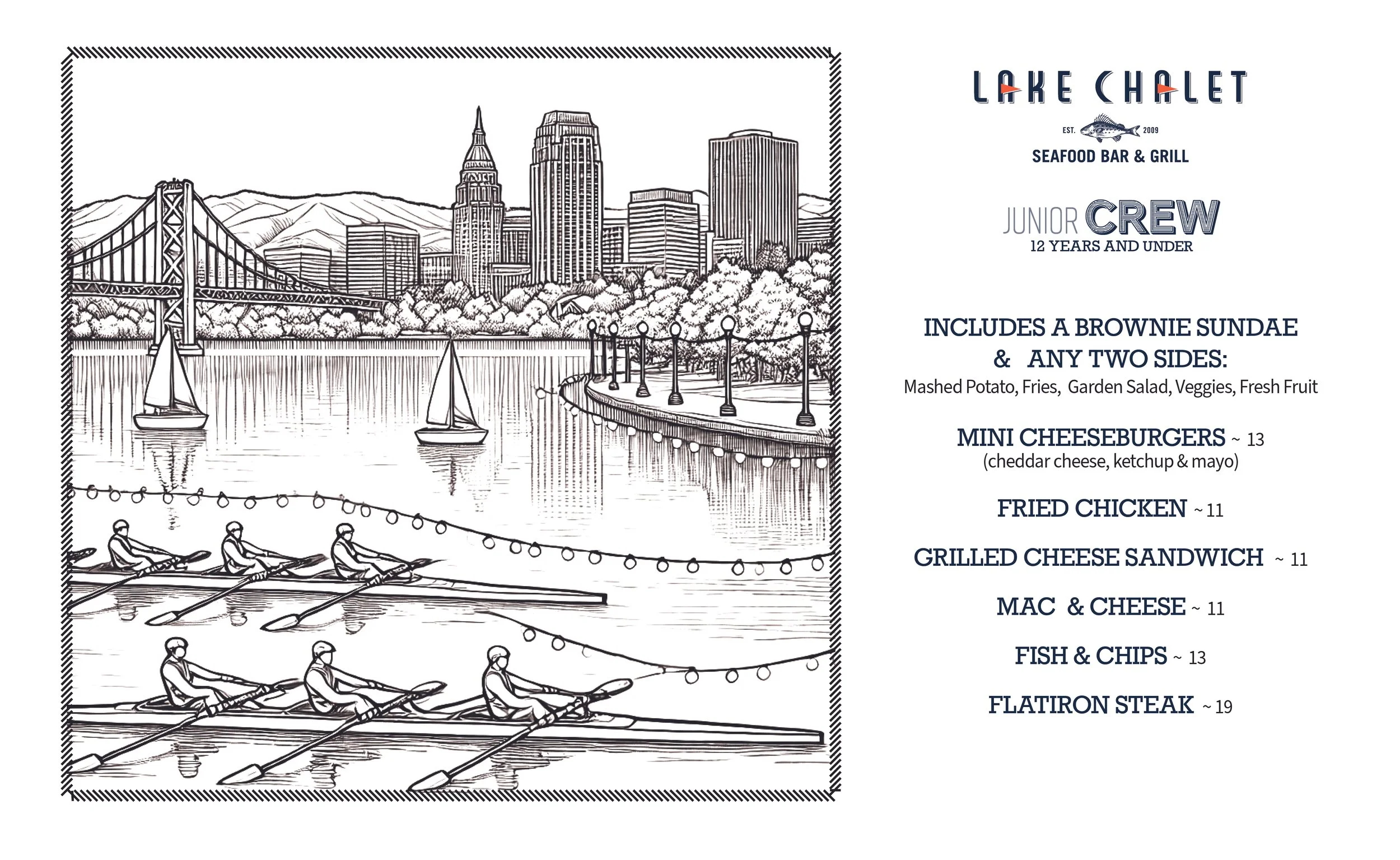 Sketch of a waterfront cityscape with boats, sailboats, and a bridge in the background, alongside a menu for Lake Chalet seafood bar and grill listing kid's meals and various food options.