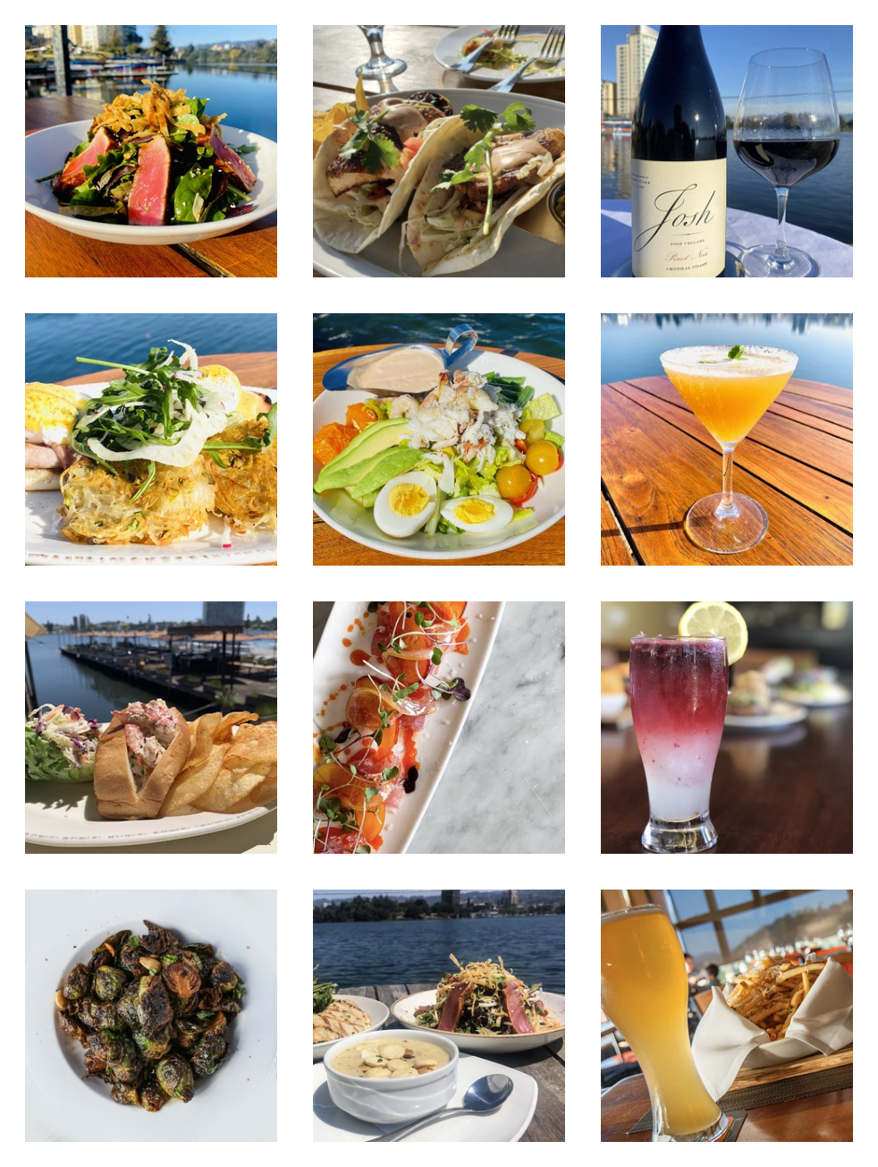 A collage of twelve images showing various foods and drinks at a waterfront restaurant, including salads, tacos, a bottle of red wine with glass, a cocktail, sushi, fried appetizers, mussels, a beer, and other dishes.
