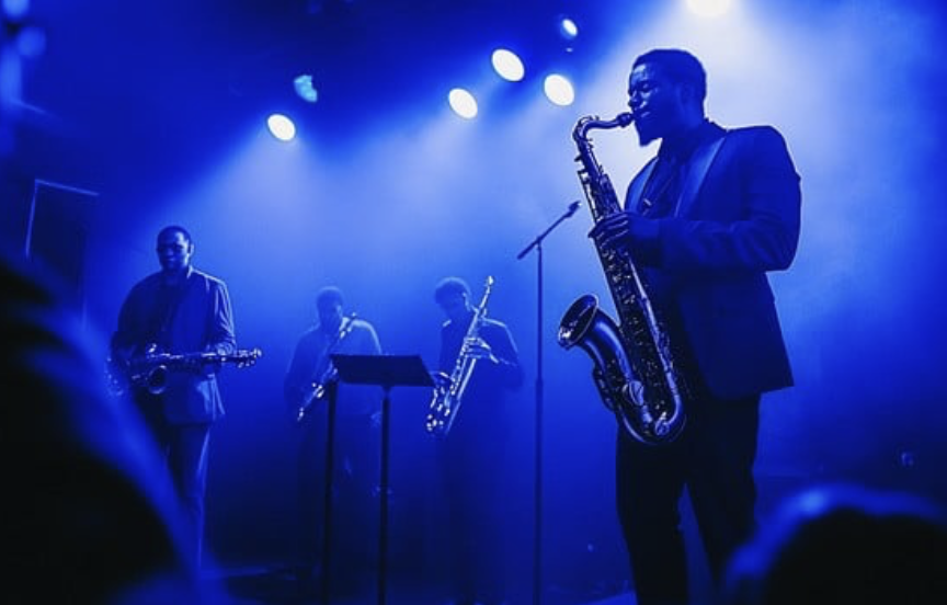 Four jazz musicians performing on stage bathed in blue light, with one playing the saxophone in the foreground.