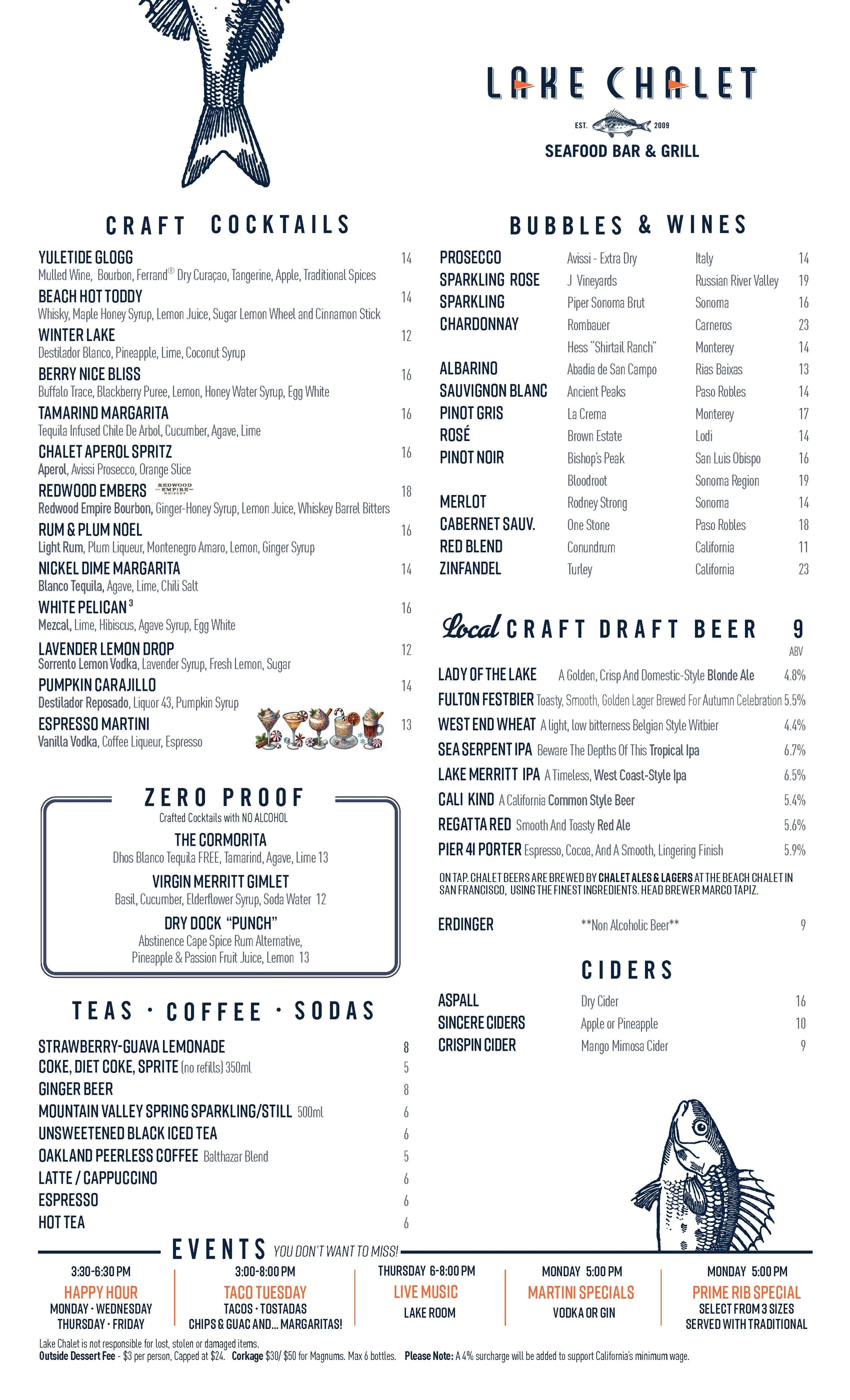 Lake Chalet menu featuring craft cocktails, bubbles & wines, local craft draft beer, ciders, teas, coffee, sodas, and events with a fish illustration at the top and bottom.