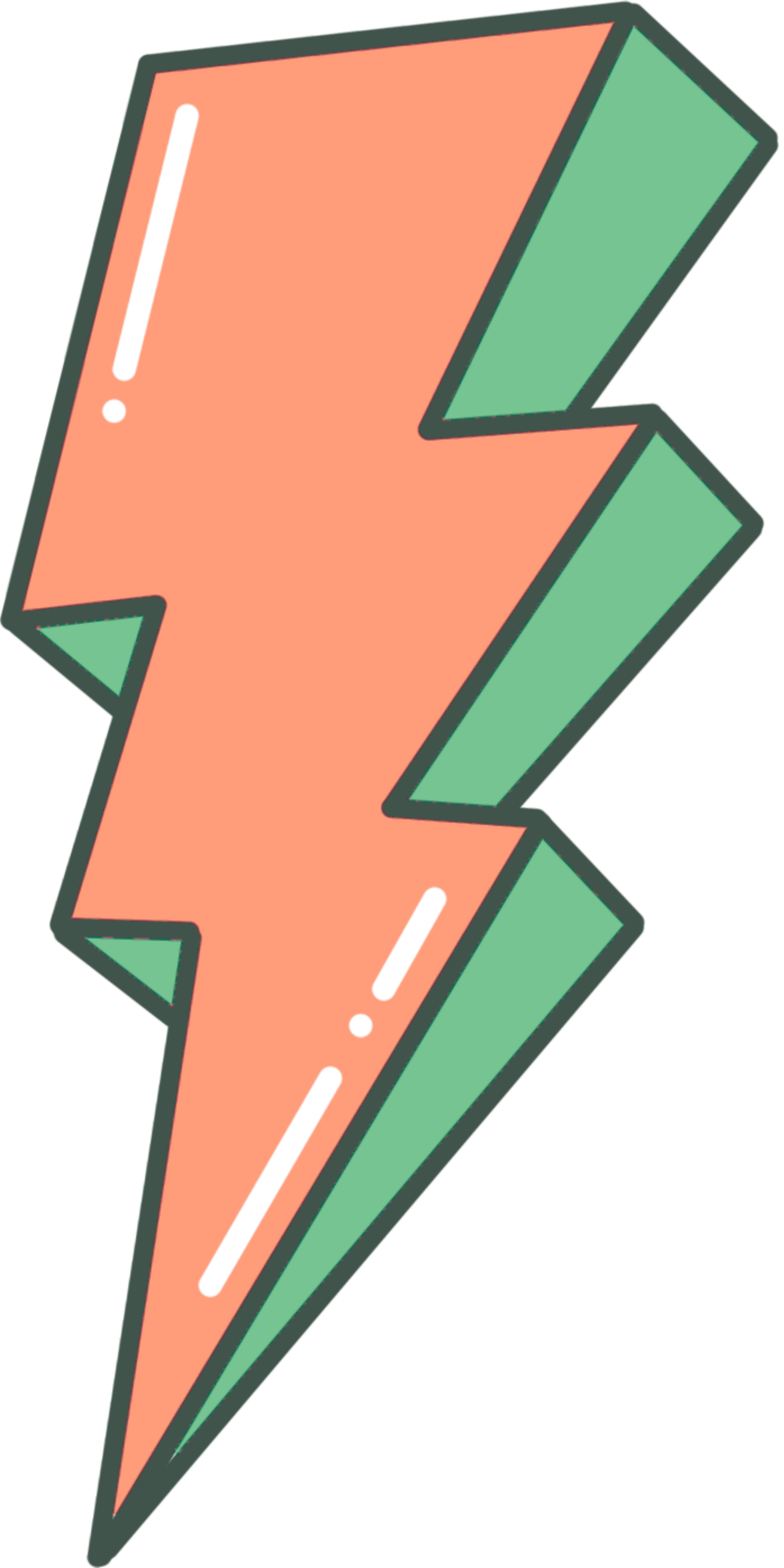 A stylized orange and green lightning bolt illustration.