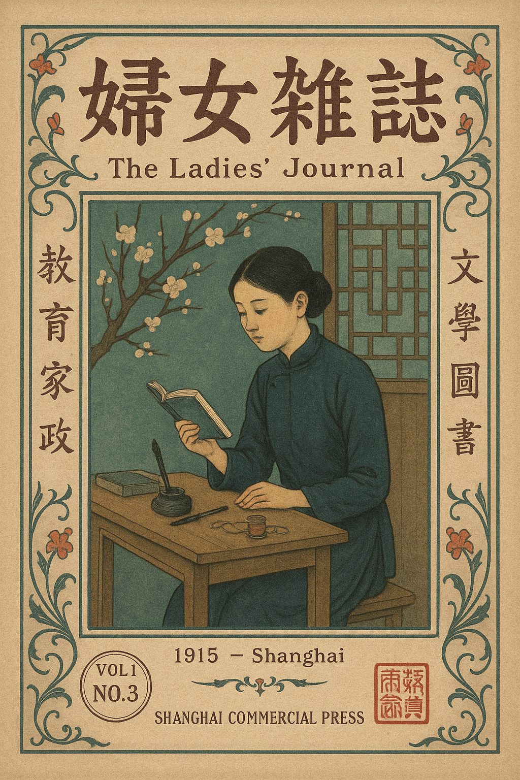 Portada de revista antigua titulada 'La revista de damas', 1915 en Shanghái, con una mujer leyendo un libro en un estilo artístico tradicional chino, con decoración floral y detalles en rojo y verde.