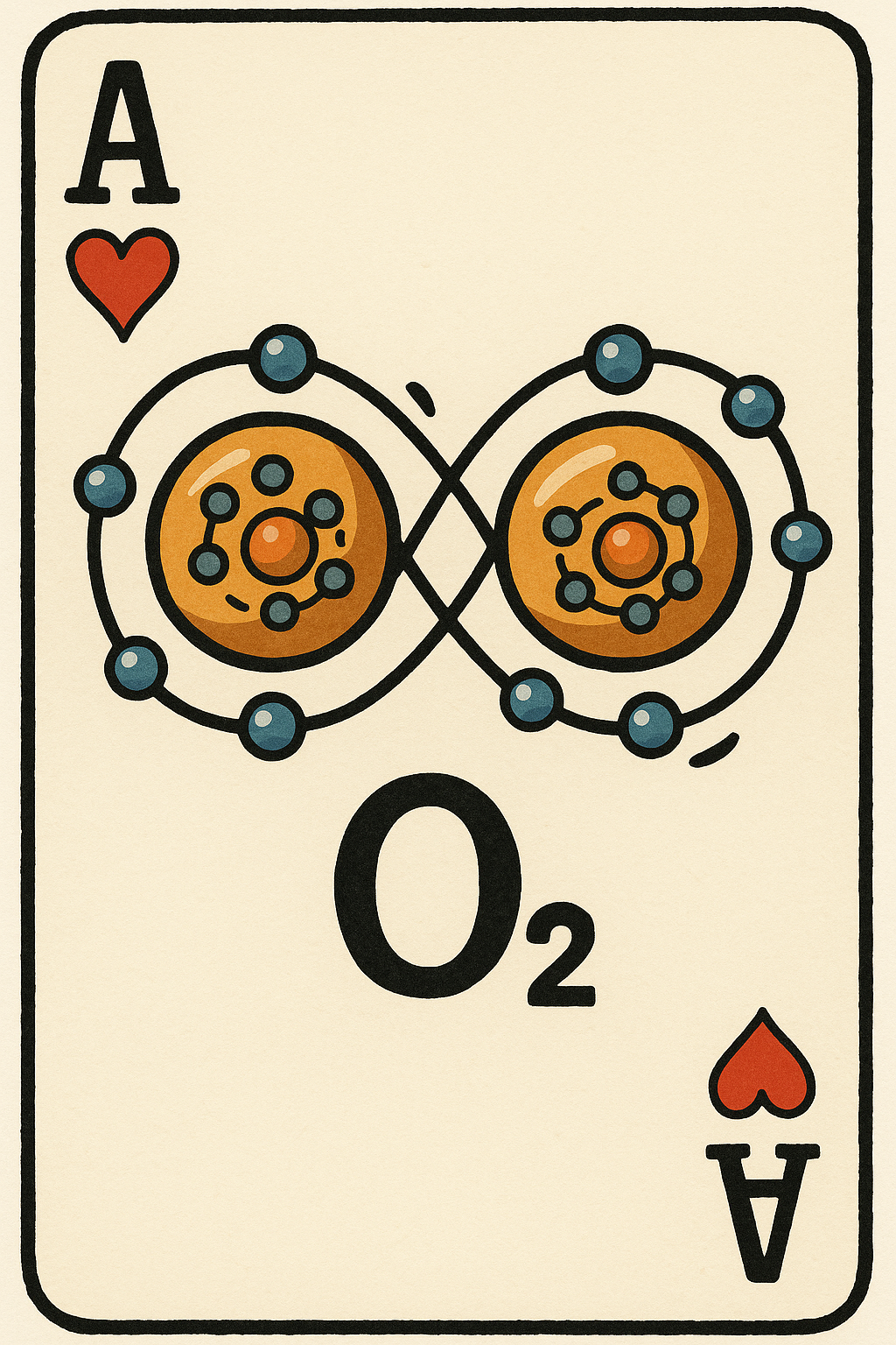 Carta del juego de póker con símbolo de ácido oxigenado (O2) y una ilustración de modelos atómicos con órbitas electrónicas. En las esquinas superiores izquierda y derecha, un corazón rojo con la letra 'A' y en las esquinas inferiores derecha e izquierda, corazones rojos con la letra 'A'.
