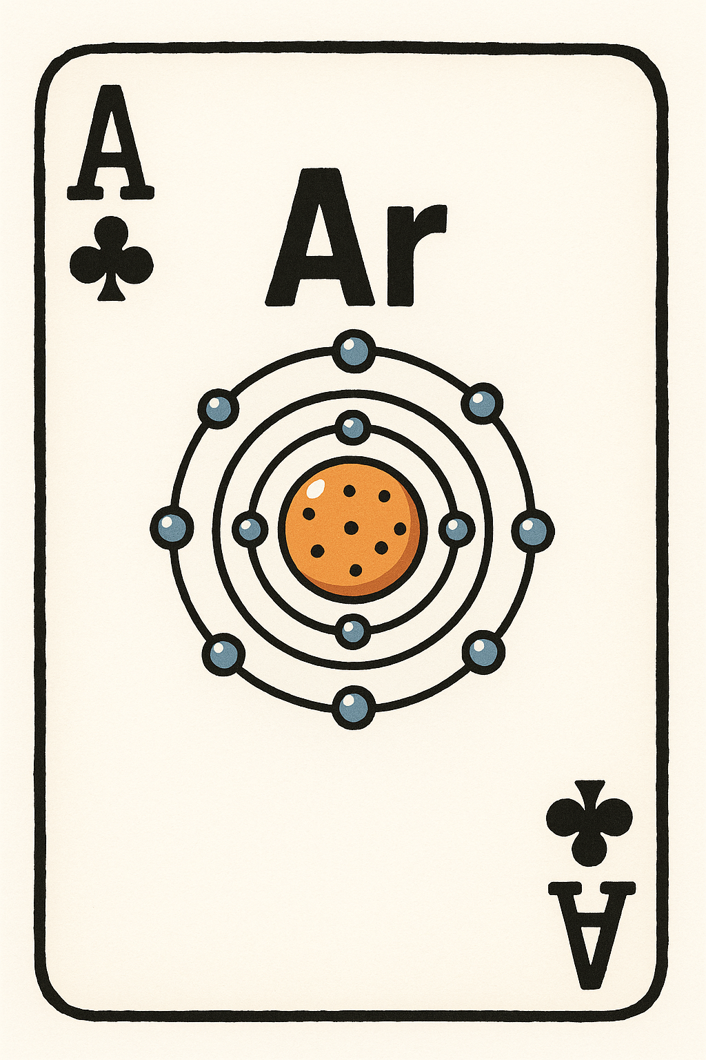 Carta de poker del As de trébol, con un dibujo que representa un átomo en el centro, con órbitas y partículas alrededor.