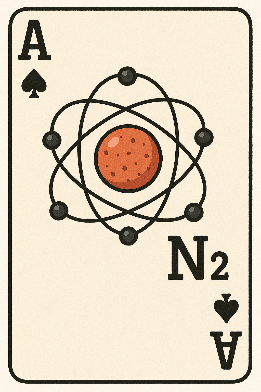 Carta de juego del As de espadas con un diseño que combina un átomo y una molécula en su centro.