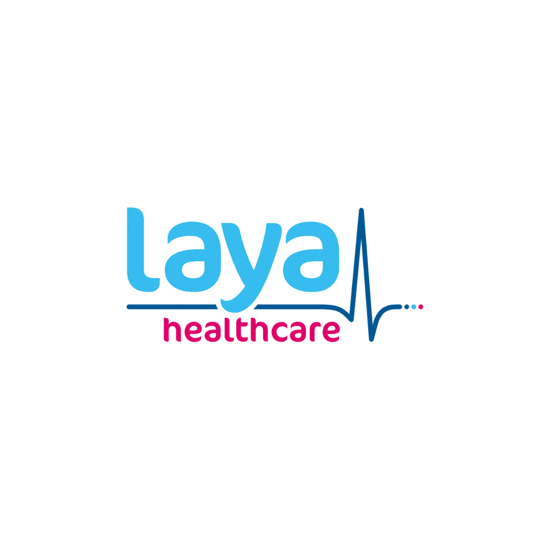 Laya Healthcare logo with a stylized heartbeat line in blue and text in blue and pink.