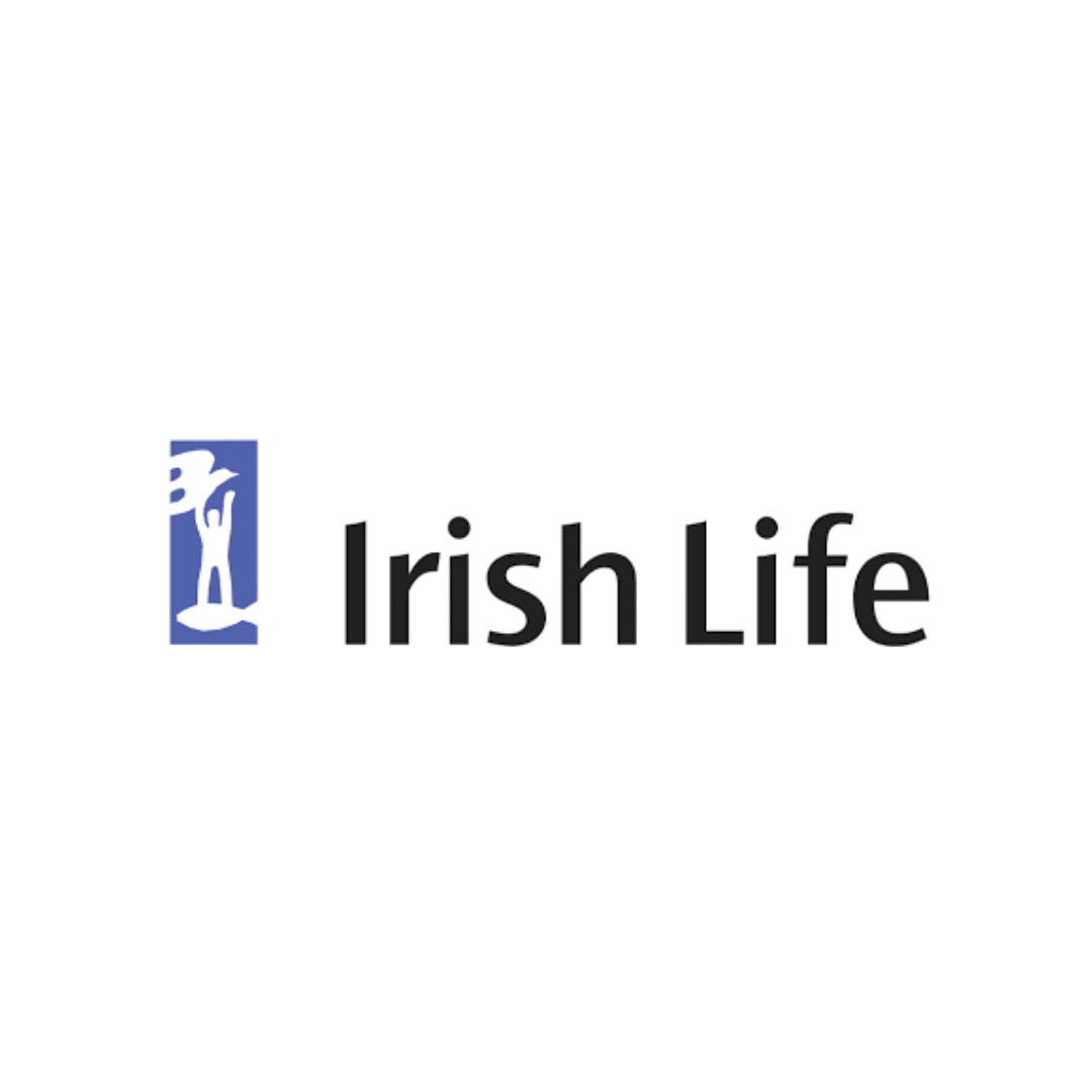 Logo with a blue crystal and black text reading 'Irish Life'.