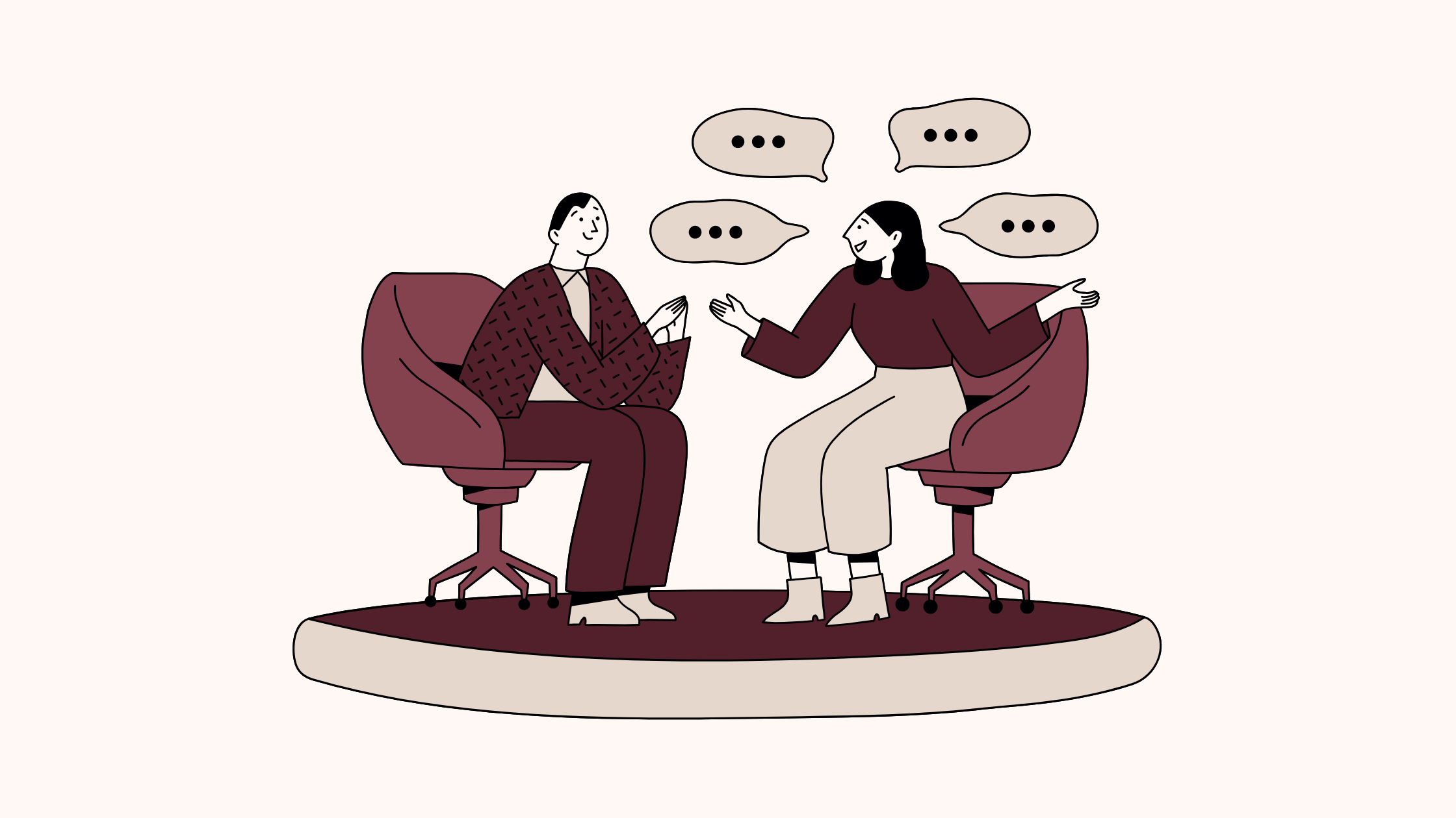 A woman and a man sitting on office chairs and engaging in a conversation, with speech bubbles above them indicating dialogue.