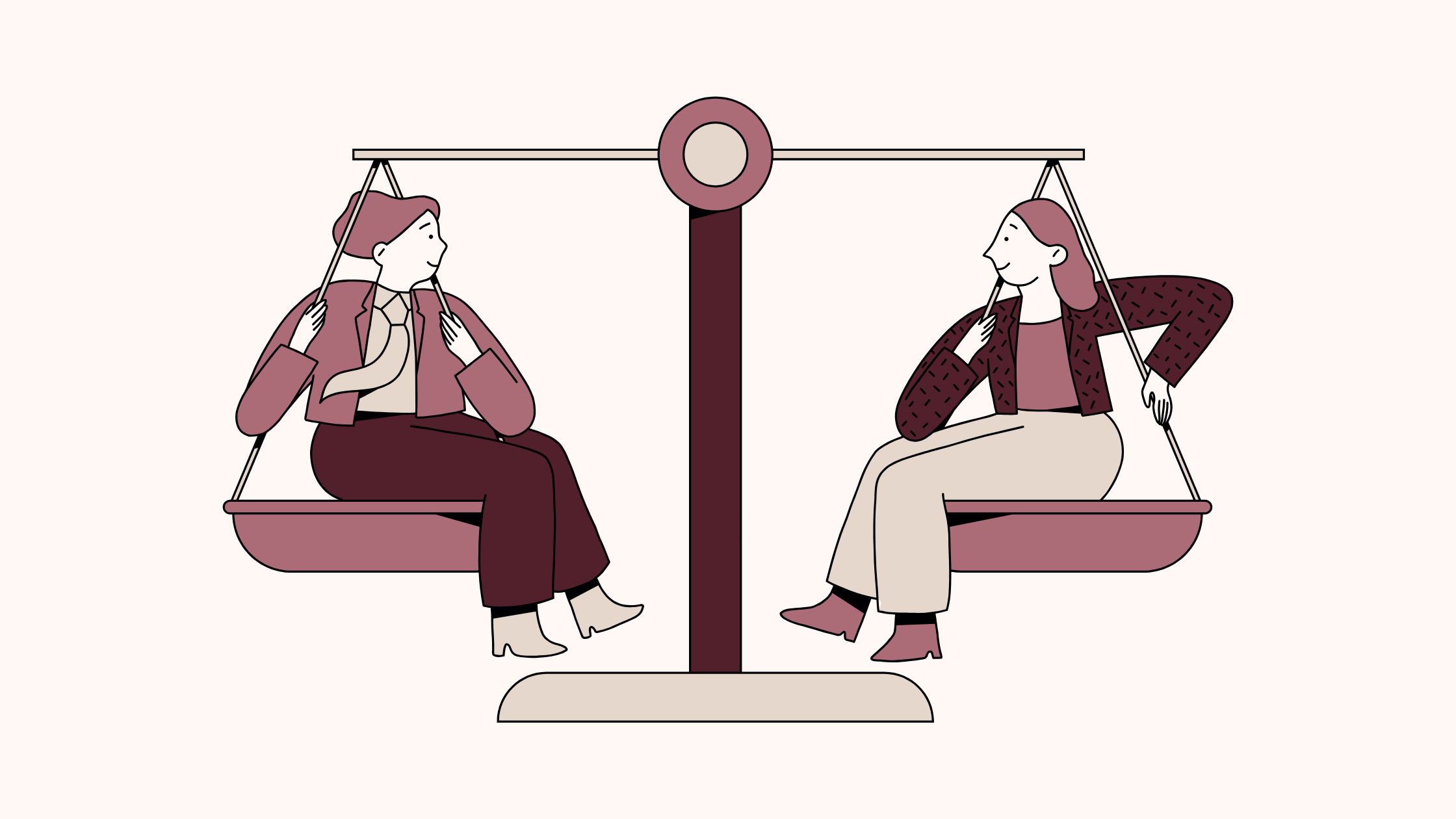 Illustration of two women sitting on a swing set, facing each other with relaxed and happy expressions, wearing fashionable clothing and high-heeled shoes.