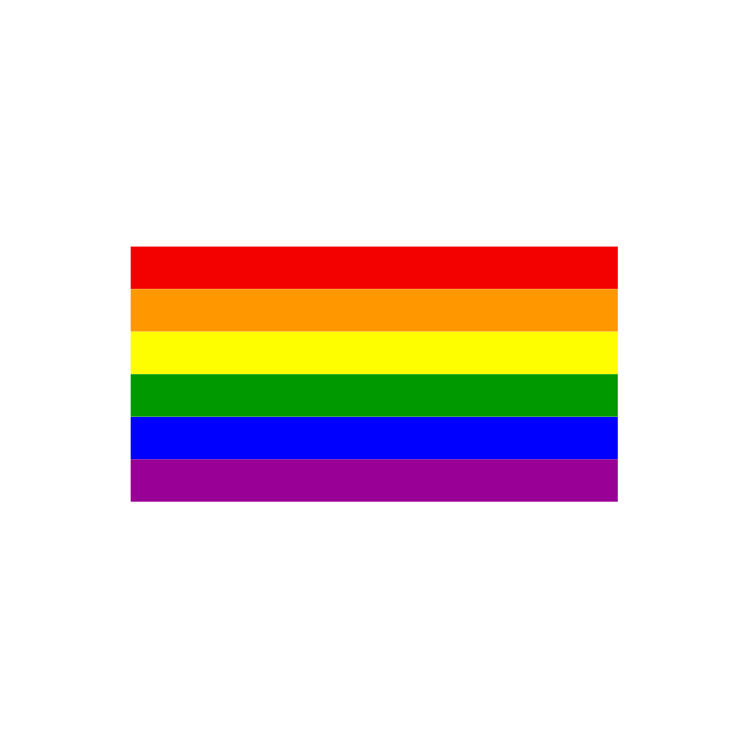 An illustration of a rainbow flag with six horizontal stripes in red, orange, yellow, green, blue, and purple.