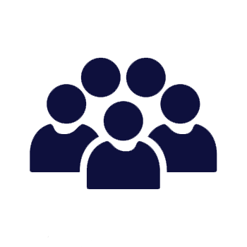 Icon of a group of six people in dark blue.
