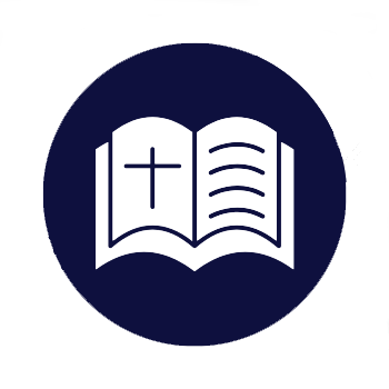 Icon of an open Bible with a cross on the left page and lines on the right page.