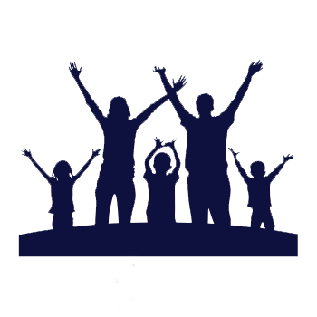 Silhouette of five people, including children and adults, standing on a platform with arms raised in celebration or greeting.