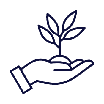 A line drawing of a hand holding soil with a small plant sprouting from it.