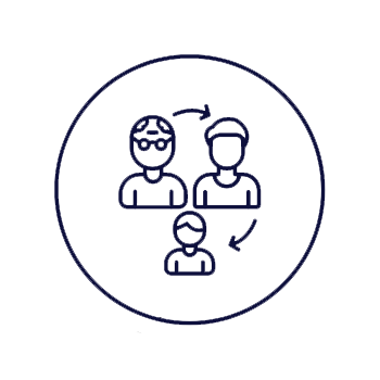 Icon of three people in a circle, connected by arrows, representing teamwork or communication.