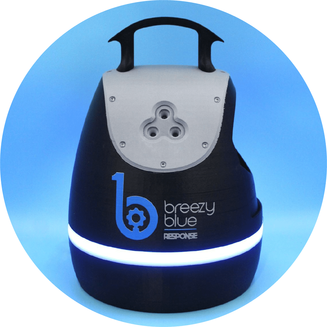 A robot with a black body, a white upper panel, and a handle on top, branded with the Breezy Blue Response logo, illuminated by a glowing white line around its base.