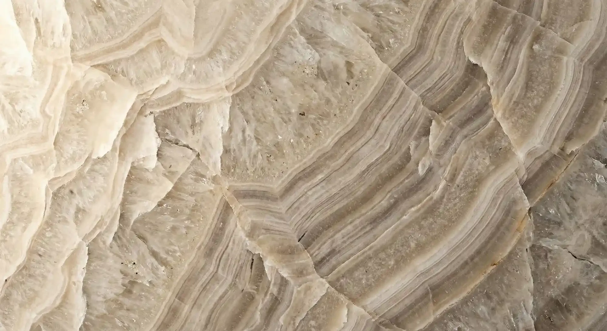 Macro detail of Taj Mahal Quartzite slab featuring creamy beige and taupe layers. Hard natural stone texture suitable for kitchen countertops.