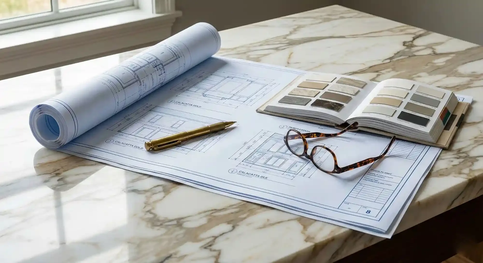 Architectural blueprints and paint color samples on a marble table with a gold pen and tortoiseshell glasses, near a window.